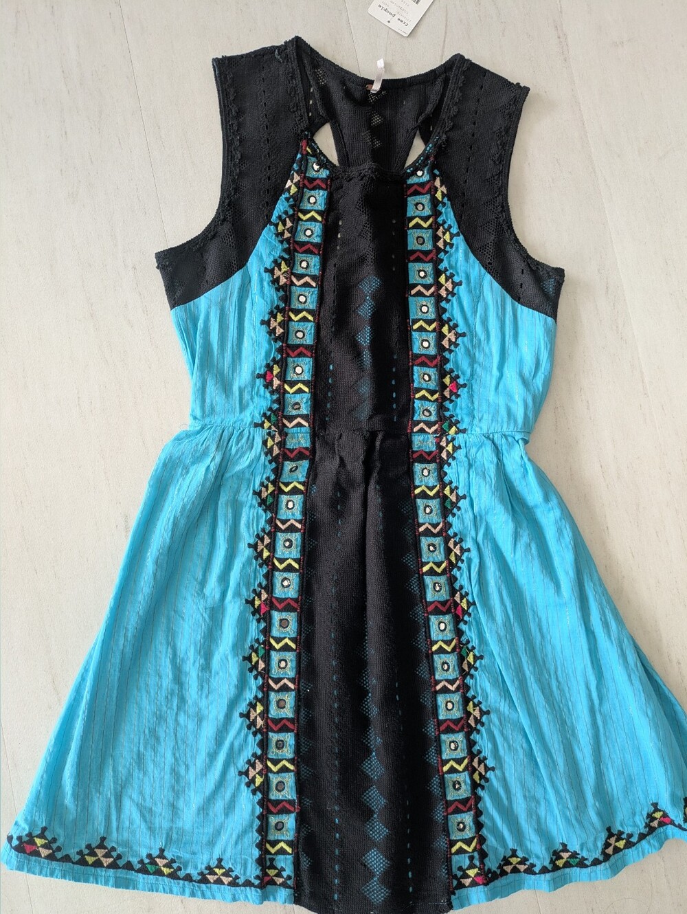 Free People Turquoise and Black Embroidered Mini Dress